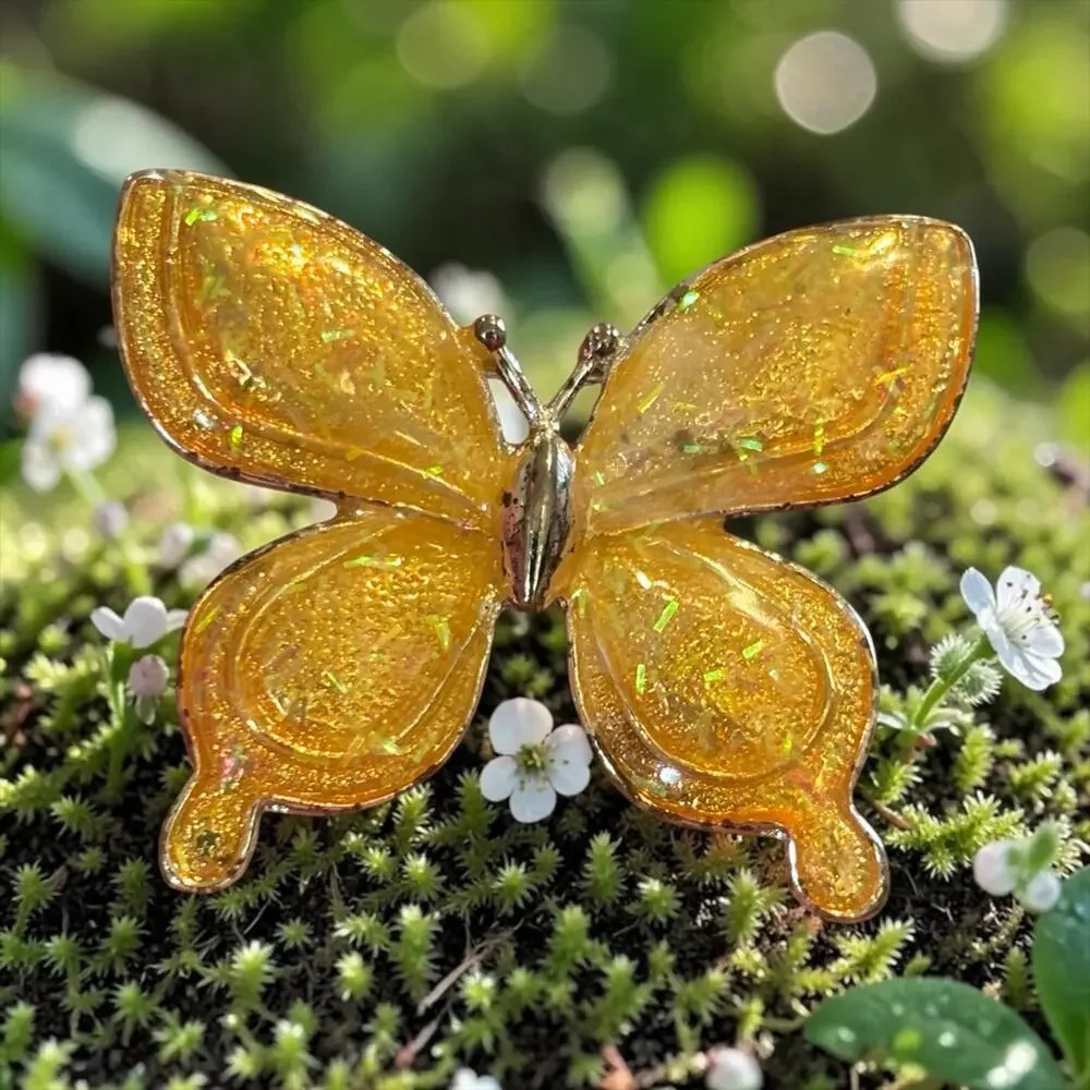 Vintage Glitter Lucite Butterfly Brooch Golden Amber Confetti Resin Pin